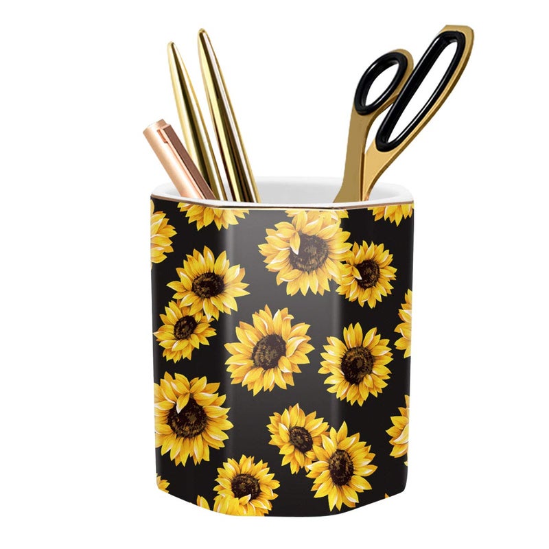 WAVEYU Pen Holder, Pencil Holder for Desk Floral Pattern Pencil Cup for Girls Kids Durable Ceramic Desk Organizer Makeup Brush Holder for Office, Classroom, Home, Sunflower - Image 1